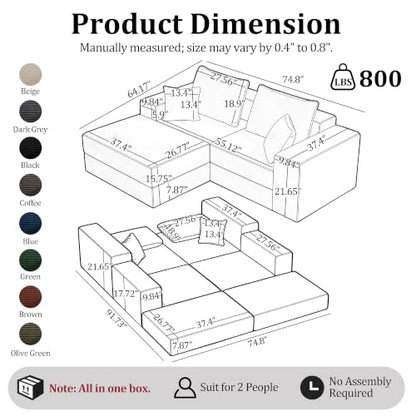 75'' L-Shaped Cloud Modular Sectional Couch with Chaise, Modern Corduroy Memory Foam Sofa Bed, Upholstered Boneless Deep Seat Fluffy Sleeper Sofa, for Living Room, No Assembly Needed (Black)