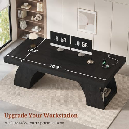 70.9 Inch Executive Desk, Large Office Desk with Power Outlet & Storage Shelves, view 7