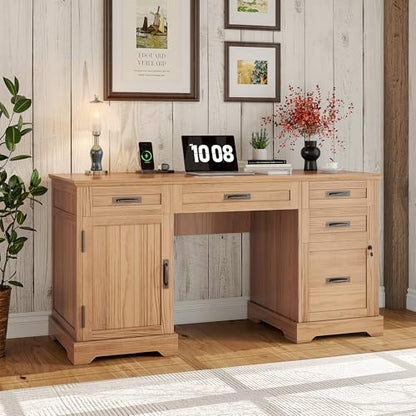 55'' Farmhouse Desk Home Office with Drawers, Executive Computer Desk Wooden with File Cabinet and Charging Station, Light Walnut