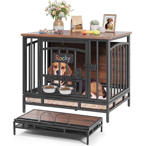 31.5" Foldable Dog Crate Furniture with 360° Swivel Feeding Bowls, view 2
