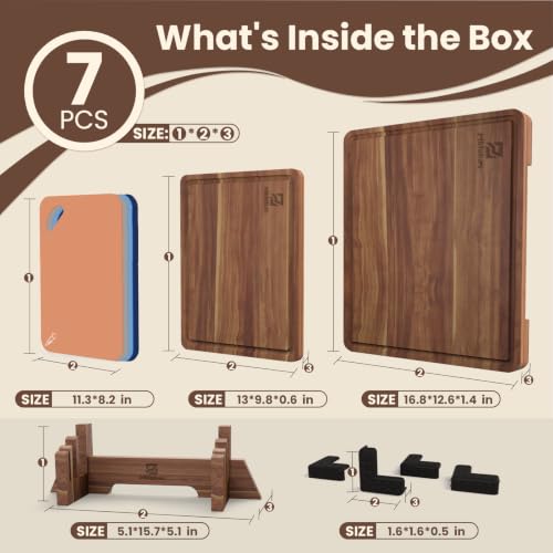 Large Acacia Wood Cutting Board Set for Kitchen with Storage Stand, view 3