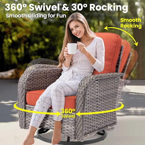 6 Pieces Patio Furniture Set, Outdoor Wicker Sofa Couch with Swivel Glider Chairs Comfy Cushions, Modern Deep Seat Rattan Conversation Sets for Deck Porch, Orange Red