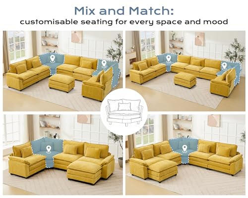 112" Oversized Modular Sectional Sofa U-Shaped Corner Cloud Couch with Ottoman, Convertible Deep Seat Chenille Couch for Living Room, Spacious Space (Yellow, 4 Seater)
