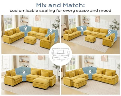 112" Oversized Modular Sectional Sofa U-Shaped Corner Cloud Couch with Ottoman, Convertible Deep Seat Chenille Couch for Living Room, Spacious Space (Yellow, 4 Seater)