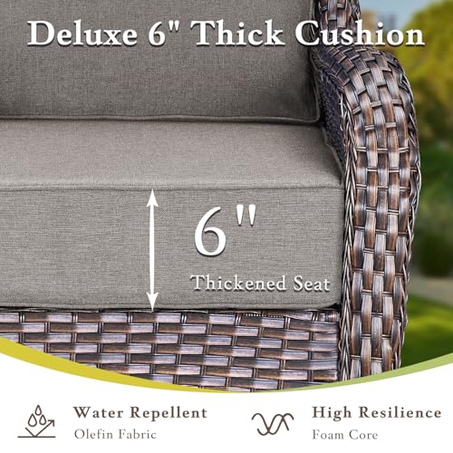 Luxury High Back Outdoor Furniture with 6-inch Extra Thick Cushions, Patio Furniture Set with Fire Pit Table & Swivel Chairs, 9 PCS Wicker Conversation Set for Yard, Deck, Poolside, Brown/Grey