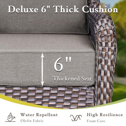 Luxury High Back Outdoor Furniture with 6-inch Extra Thick Cushions, Patio Furniture Set with Fire Pit Table & Swivel Chairs, 9 PCS Wicker Conversation Set for Yard, Deck, Poolside, Brown/Grey