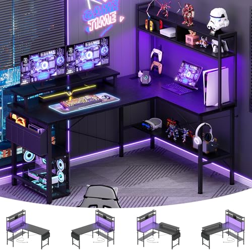 L Shaped Gaming Desk with Power Outlets & LED Lights, Black, view 2