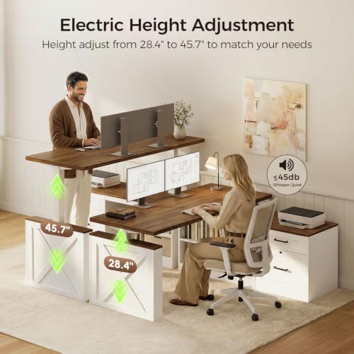 55 Inch Farmhouse L Shaped Electric Standing Desk, Walnut+White, view 6