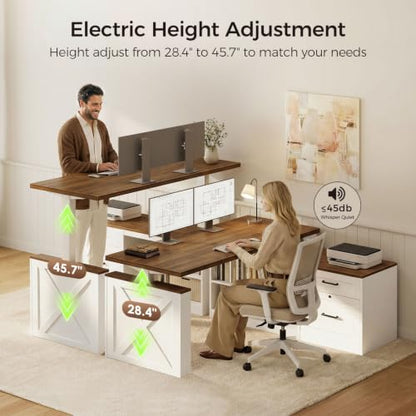 55 Inch Farmhouse L Shaped Electric Standing Desk, Walnut+White, view 6
