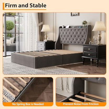 GAOMON Queen Size Bed Frame with Wingback Headboard, 4-Drawer Velvet Upholstered Platform Bed Frame with Charging Station, Button Tufted Storage Bed, No Box Spring Needed, Gray