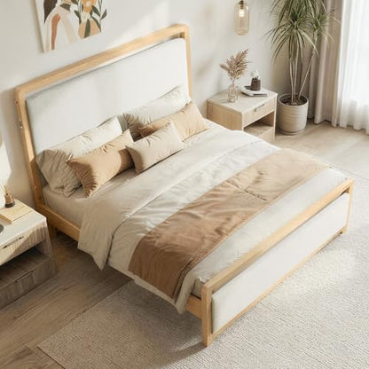 Queen Wood Platform Bed Frame with Boucle Upholstered Headboard, view 5