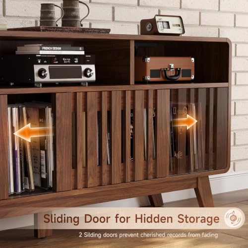 59"Large Vinyl Record Cabinet with Built-in Charging Station, Walnut, view 7