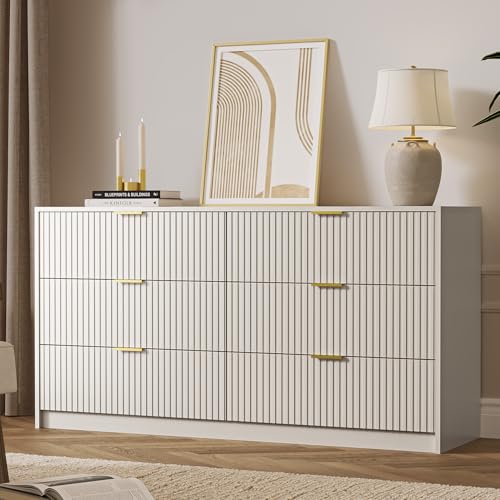 55" Wide Fluted 6-Drawer Double Dresser for Bedroom, Beige, view 7