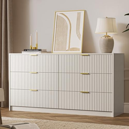 55" Wide Fluted 6-Drawer Double Dresser for Bedroom, Beige, view 7