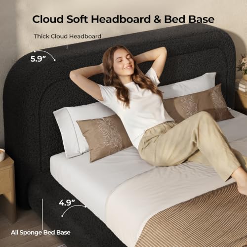 Upholstered Queen Cloud Bed Frame with 5.9" Headboard, Black, view 4