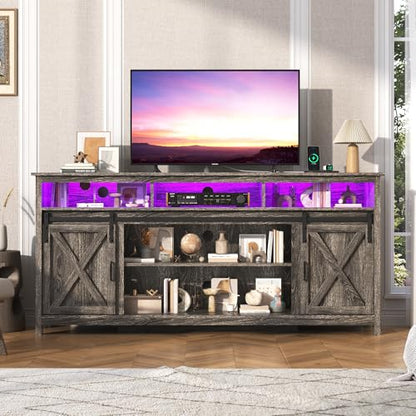 Farmhouse TV Stand for 80/75 Inch TV with Power Outlet, Entertainment Center with Storage and Sliding Barn Doors, Wood Media Console for Living Room, Grey