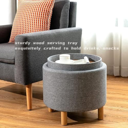 Round Storage Ottoman with Tray Lid, Accent Storage Footstool w/Soft Padding, Fabric Sitting Stool w/Solid Wood Legs & Non-Slip Pads, Tray Top Coffee Table for Living Room, Bedroom (Grey)