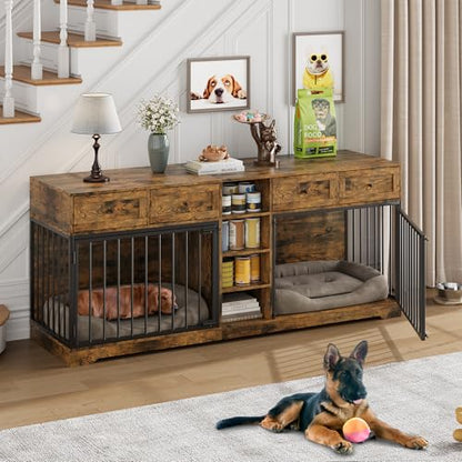 82" Double Dog Crate Furniture with Drawers and Shelves, Brown, view 4