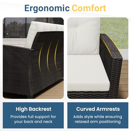 4 Piece Patio Furniture Set, Wicker Outdoor Patio Conversation Furniture Set, All Weather Outdoor Patio Sofa with Cushion and Wood Table, Beige Wood