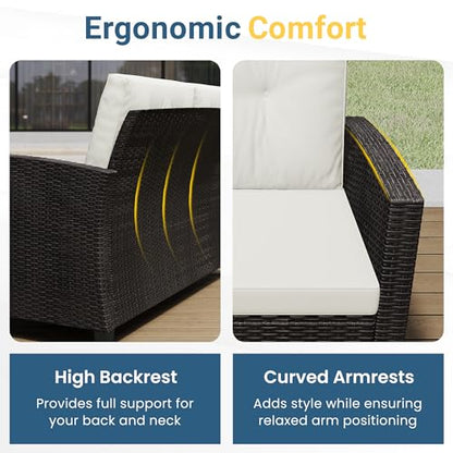 4 Piece Patio Furniture Set, Wicker Outdoor Patio Conversation Furniture Set, All Weather Outdoor Patio Sofa with Cushion and Wood Table, Beige Wood
