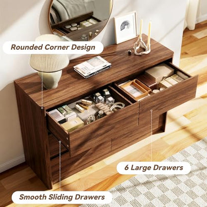3 Pieces of Dresser and Nightstand Set,47.2 Inch Width 6-Drawer Dresser & 2-Drawer Nightstands Set of 2,Nightstand with USB&Type C Charging Station&Outlets, Modern Design for Bedroom, Walnut