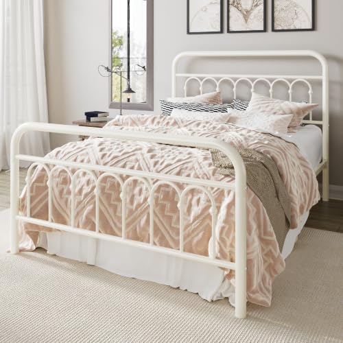 Full Size Metal Platform Bed Frame with Headboard, Cream, view 4