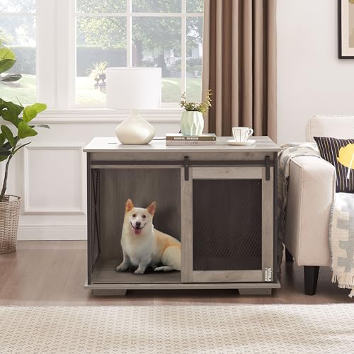 37''L Farmhouse Dog Cage Crate Furniture with Sliding Barn Door, view 3