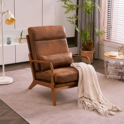 Accent Chair High Back Mid-Century Modern, Brown | Bronzing Cloth Upholstered, Walnut Color Solid Rubber Wood Frame, Soft Cushion with Pillow, For Living Room, Bedroom, Balcony