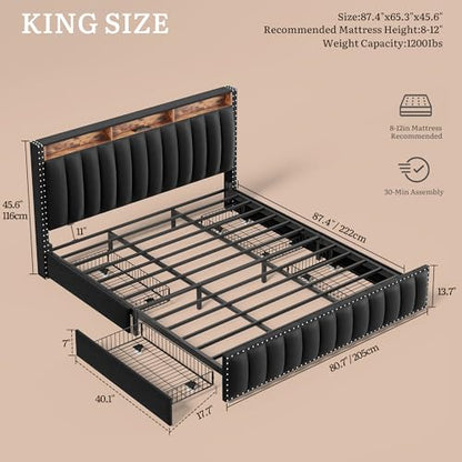 King Size Bed Frame with 4 Storage Drawers, RGB LED Light, Black, view 4