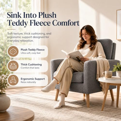 Frida Teddy Fleece Accent Chair, Mid-Century Modern Inspired Armchair with Plush Upholstery, Thick Cushioning & Oak Legs, Cozy Living Room Chair for Bedroom, Reading Nook & Lounge Seating