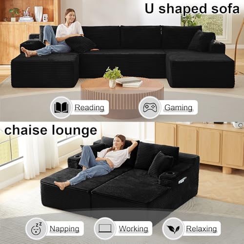 134" Modular Cloud Couch Sectional, U-Shaped Boneless Sleeper Sofa with Side Pockets & Cup Holders, Oversized 4-Seater Modern Deep Seat Corduroy Couch for Living Room, No Assembly Required, Black