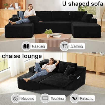 134" Modular Cloud Couch Sectional, U-Shaped Boneless Sleeper Sofa with Side Pockets & Cup Holders, Oversized 4-Seater Modern Deep Seat Corduroy Couch for Living Room, No Assembly Required, Black