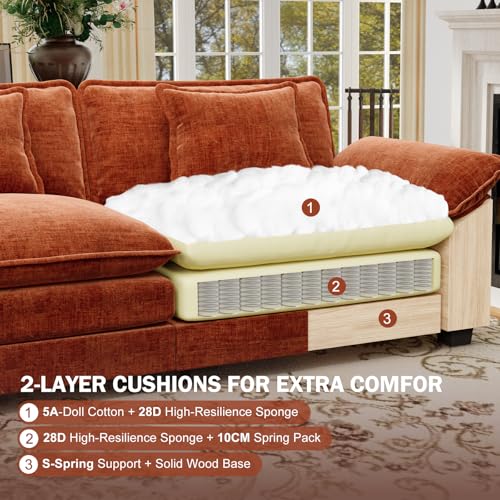 117" Oversized Modular Sectional Sofa with Corner, Comfy V-Shaped Cloud Couch w/ 2 Ottomans, 7-Seater Chenille Deep Seat Modern Sofa Couch for Living Room, DIY Combination, Terracotta Orange
