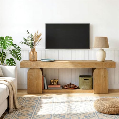 63" TV Stand for 55/60/65/75-Inch TVs, Farmhouse Entertainment Center with Storage Shelves, Wooden TV Media Console for Living Room, Bedroom, Natural Wood