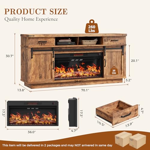 70'' Fireplace TV Stand with 36‘’ Electric Fireplace, view 3