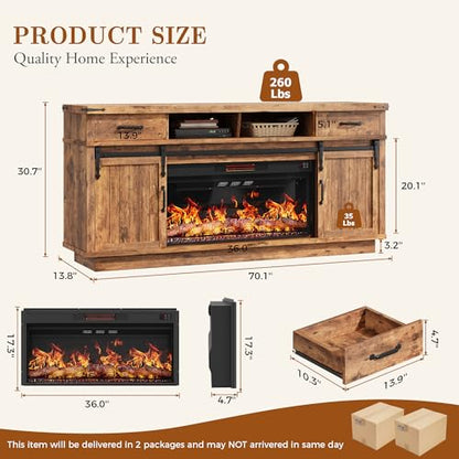 70'' Fireplace TV Stand with 36‘’ Electric Fireplace, view 3