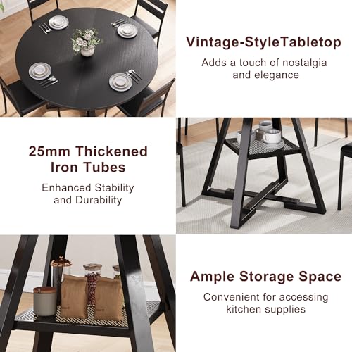 Round Dining Table for 4,Kitchen Dining Room Circle Dinner Pedestal Table,Space Saving Wood Kitchen & Dining Room Furniture (Black, 42In)