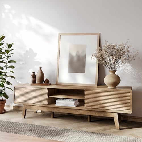 59" TV Console, Mid Century Modern TV Stand for 55/60/65 Inch TV, Low Profile Media Console with Fluted Sliding Doors, Boho Wood Credenza for Living Room, Oak