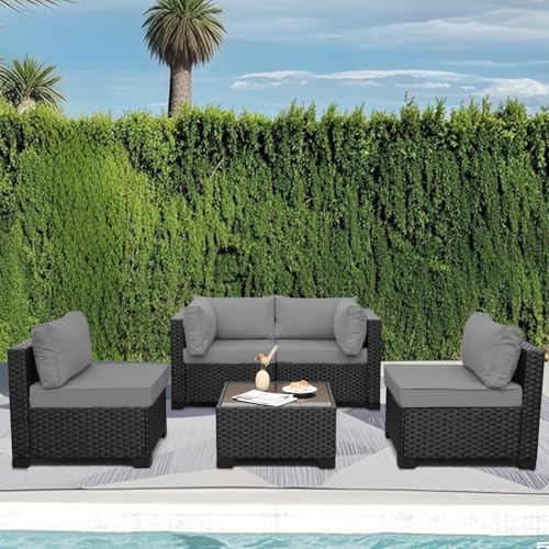 Outdoor 5 Piece Patio Furniture Set, Black Rattan Conversation Couch Resin Wicker Sectional Sofa Outside Chair with Coffee Table, Grey Cushion