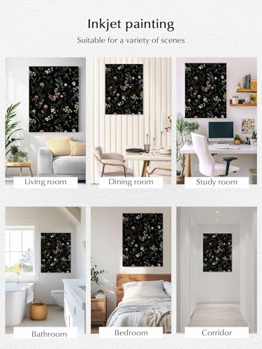 NuYeBiofx Dark Watercolor Blossom Flower Canvas Wall Art Prints,48"x32" Framed Picture Artwork Rustic Floral Leaves on Black Printed Canvas Oil Painting for Living Room Bedroom Office,Ready to Hang