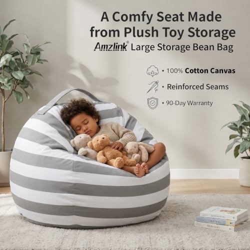 Amzlink® Stuffed Animal Storage Bean Bag Chair Cover for Adults - Stuffable Zipper Beanbag for Organizing Plush Toys, Heavy Duty Large Cotton Canvas, Ideal for Bedroom Playroom Classroo(L for Adults)