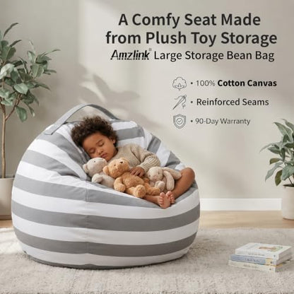 Amzlink® Stuffed Animal Storage Bean Bag Chair Cover for Adults - Stuffable Zipper Beanbag for Organizing Plush Toys, Heavy Duty Large Cotton Canvas, Ideal for Bedroom Playroom Classroo(L for Adults)