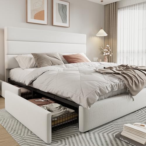 Modern King Size Platform Bed Frame with 4 Storage Drawers, view 2