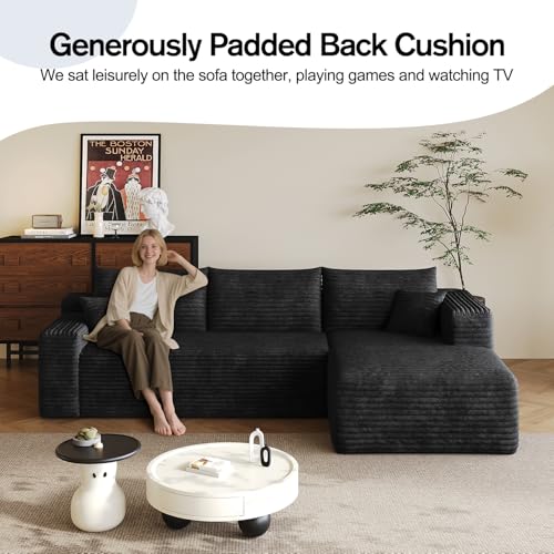 96.5" L-Shape Boneless Modular Sectional Cloud Couch in a Box with Chaise Modern Comfy Corduroy couches for Living Room-Memory Foam Compressed Sofa,No Assembly Required(Black)