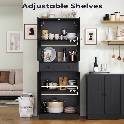 Kitchen Pantry Storage Cabinet, 71" H Farmhouse Pantry Cabinet with 4 Doors & Drawer, Freestanding Cupboard with Adjustable Shelves, Rustic Wood Cupboard for Kitchen, Dining Room, Black