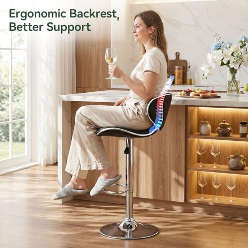PU Leather Adjustable Bar Stools, Modern Swivel Airlift Barstools with Back, Armless Counter Height Chairs for Kitchen Dining Pub Cafe Set of 2 (Black)