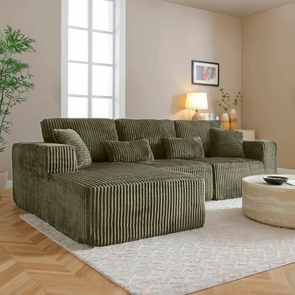 109" Modular L-Shaped Corner Cloud Sofa Corduroy Modular Couches with Deep Seat, 3 Pieces Compressed Boneless Sofa W/Left Chaise Lounge and 4 Pillows for Living Room