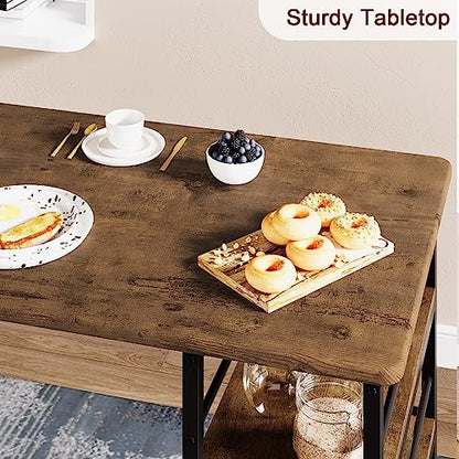 Dining Table Set for 2, Kitchen Table and Upholstered Chairs for 2, 3 Piece Counter Height Bar Table Set with 3 Large Storage Shelves for Small Space, Apartment, Studio, Rustic Brown