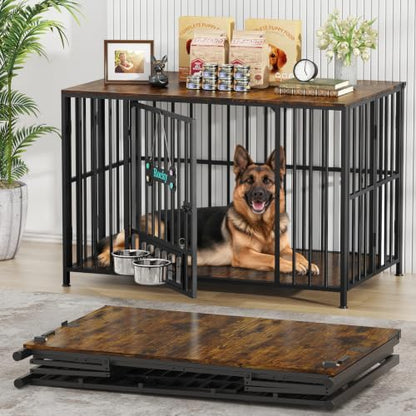 43" Foldable Dog Crate Furniture for Large Dogs, Brown（DC108）, view 2
