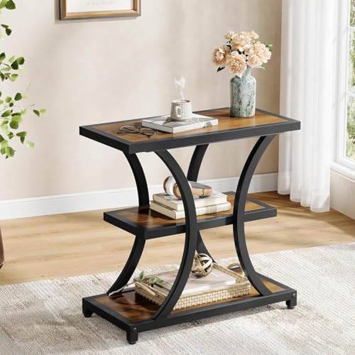 Tribesigns End Table with Storage, 3-Tier Side Table with Geometric Metal Design, Industrial Nightstand for Small Spaces, Living Room, Bedroom, Study Room (Rustic Brown)